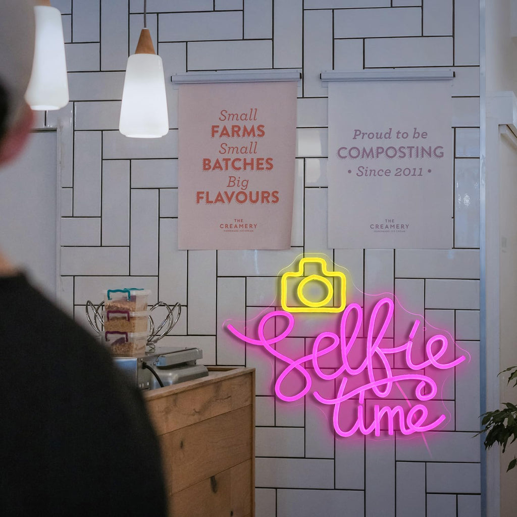 Selfie Time Neon Sign LED Yellow Camera Pink Neon Light for Wall Decor Dimmable USB Powered Light up Sign for Photographic Studio Bedroom Photography Lover Room Party Gifts (16.7 * 12.8In)
