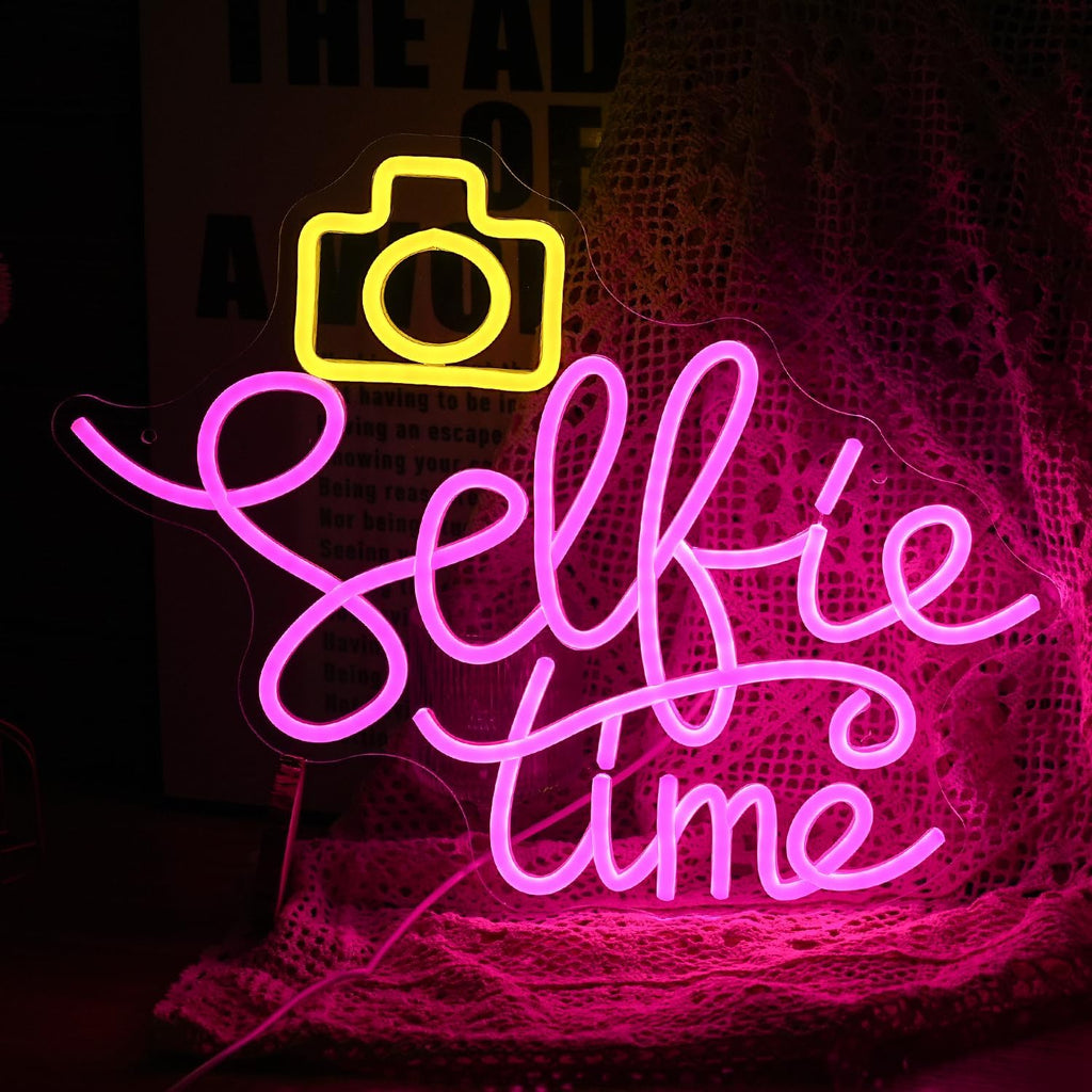Selfie Time Neon Sign LED Yellow Camera Pink Neon Light for Wall Decor Dimmable USB Powered Light up Sign for Photographic Studio Bedroom Photography Lover Room Party Gifts (16.7 * 12.8In)