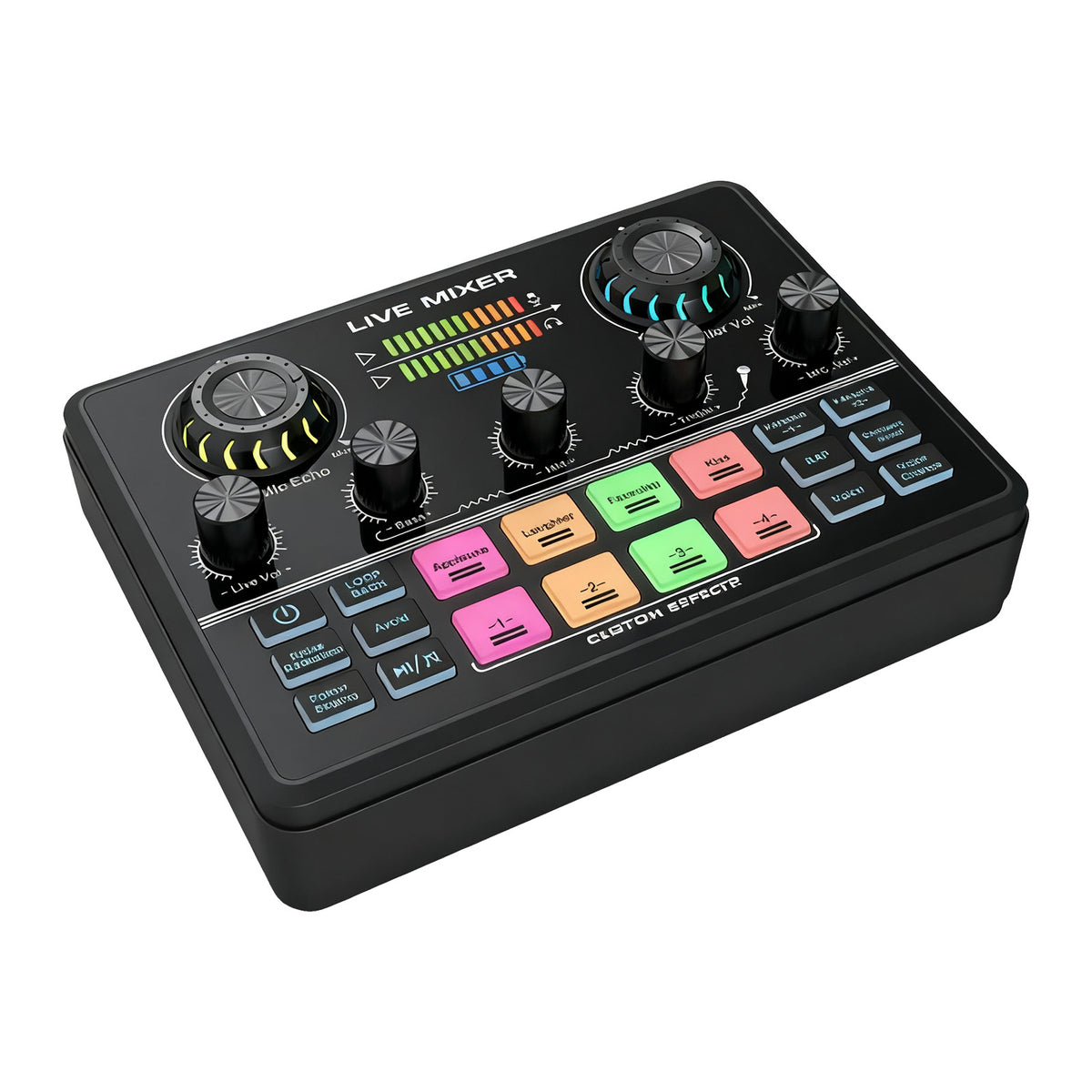 Live Streaming Sound Mixer Sound Card Rechargeable Plug and Play Adjustable Bass Treble Noise Reduction Colorful Indicator Light for Content Create Gaming