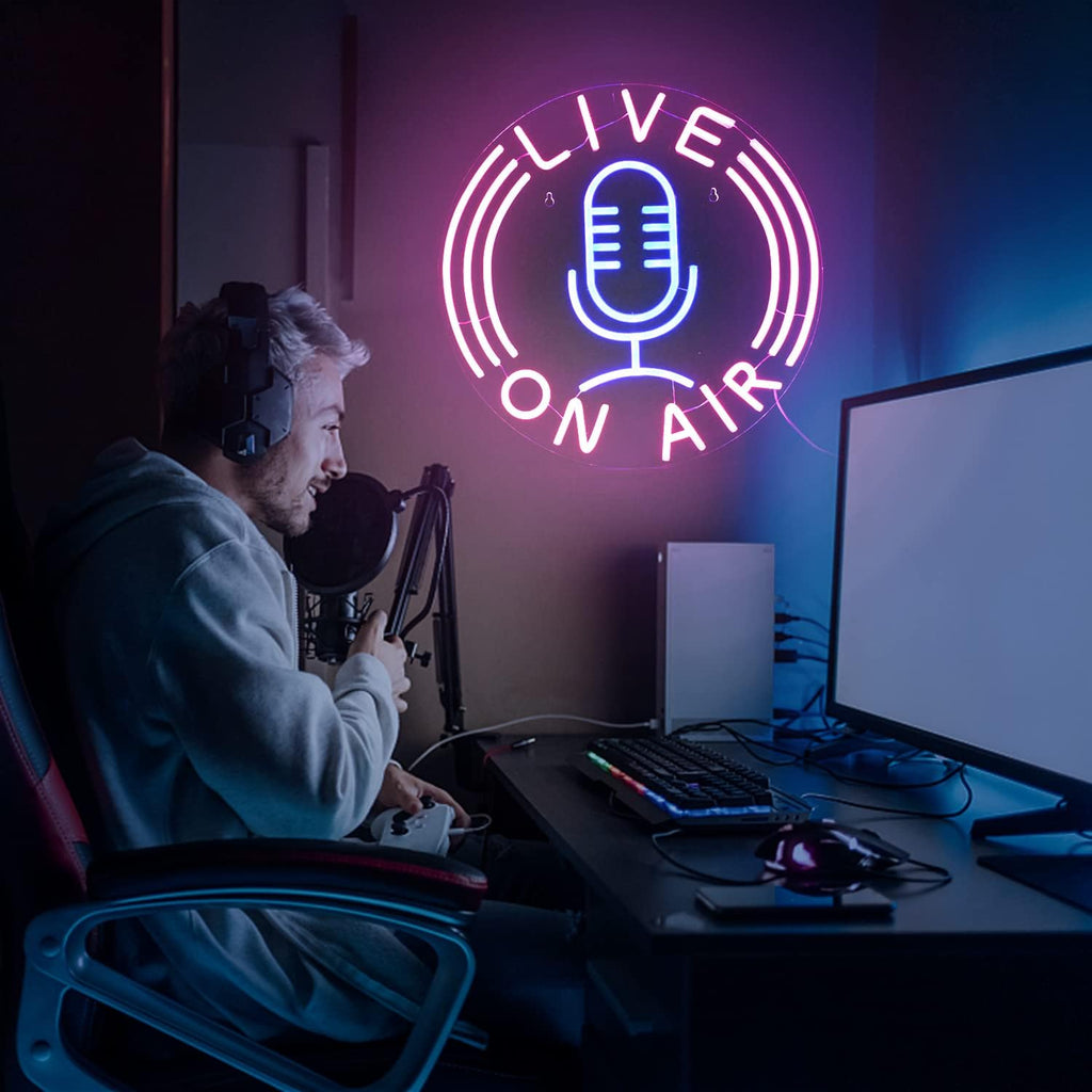 Live on Air Neon Sign Microphone Neon Light Signs for Wall Decor Live on Air Neon Lights Usb Powered 12.8’’X12.8’’ Led Sign for Radio Station Boys Girls Room Game Room Living Room Office Gift（Pink Blue）