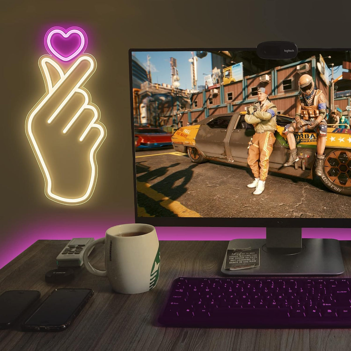 Finger Heart Neon Sign - Pink & Warm White K-Drama Hand Heart Gesture Neon Signs - Premium K-Pop Hearts Led Noen Light for Bedroom, Game Room Decor