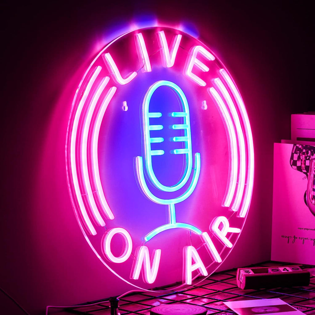 Live on Air Neon Sign Microphone Neon Light Signs for Wall Decor Live on Air Neon Lights Usb Powered 12.8’’X12.8’’ Led Sign for Radio Station Boys Girls Room Game Room Living Room Office Gift（Pink Blue）