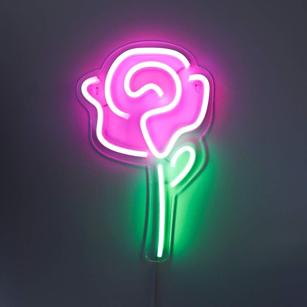 15"X9" LED Neon Pink Rose Flower with Green Stem Wall Sign
