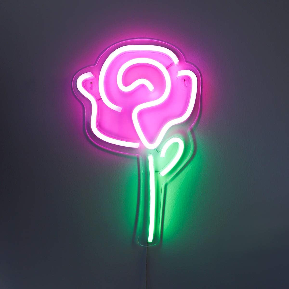 15"X9" LED Neon Pink Rose Flower with Green Stem Wall Sign