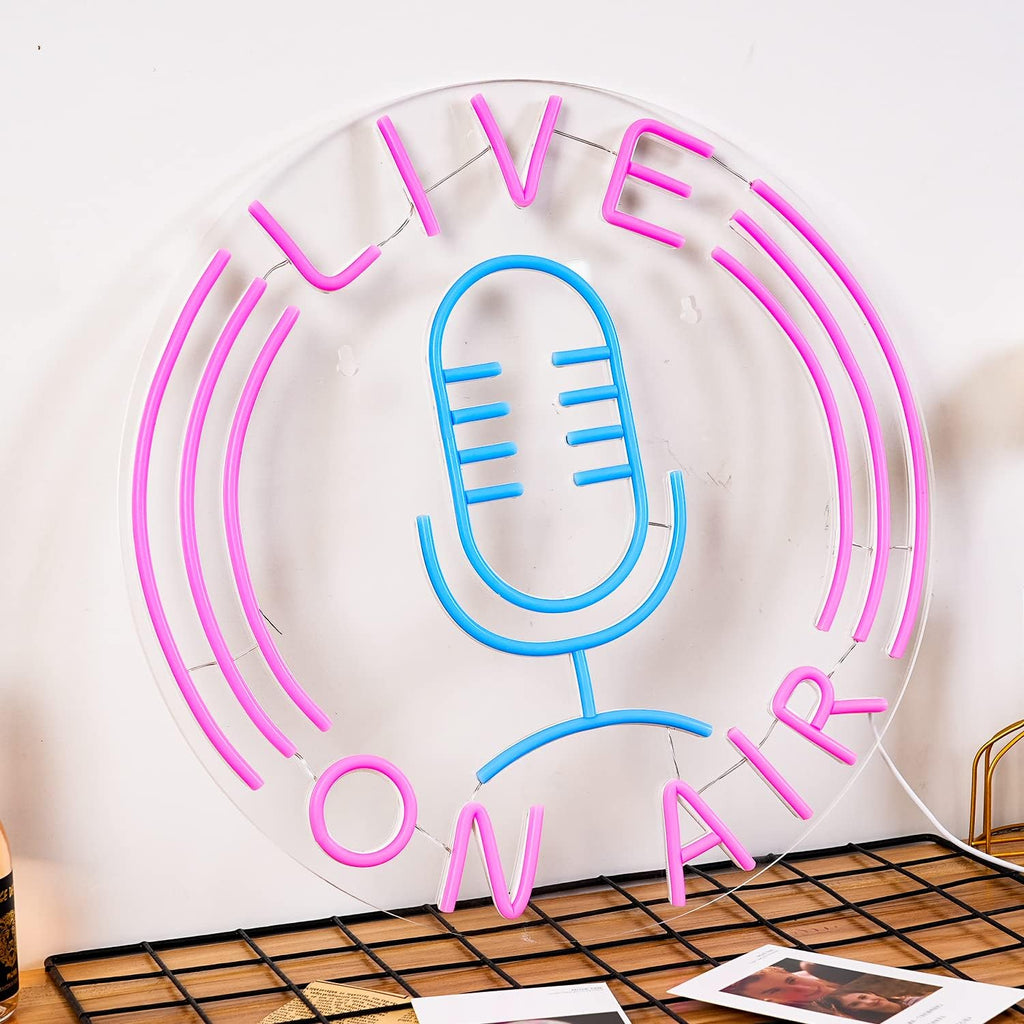 Live on Air Neon Sign Microphone Neon Light Signs for Wall Decor Live on Air Neon Lights Usb Powered 12.8’’X12.8’’ Led Sign for Radio Station Boys Girls Room Game Room Living Room Office Gift（Pink Blue）