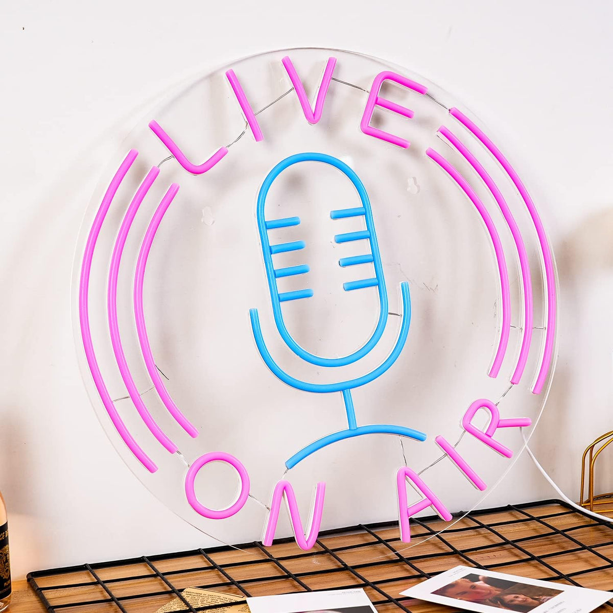 Live on Air Neon Sign Microphone Neon Light Signs for Wall Decor Live on Air Neon Lights Usb Powered 12.8’’X12.8’’ Led Sign for Radio Station Boys Girls Room Game Room Living Room Office Gift（Pink Blue）