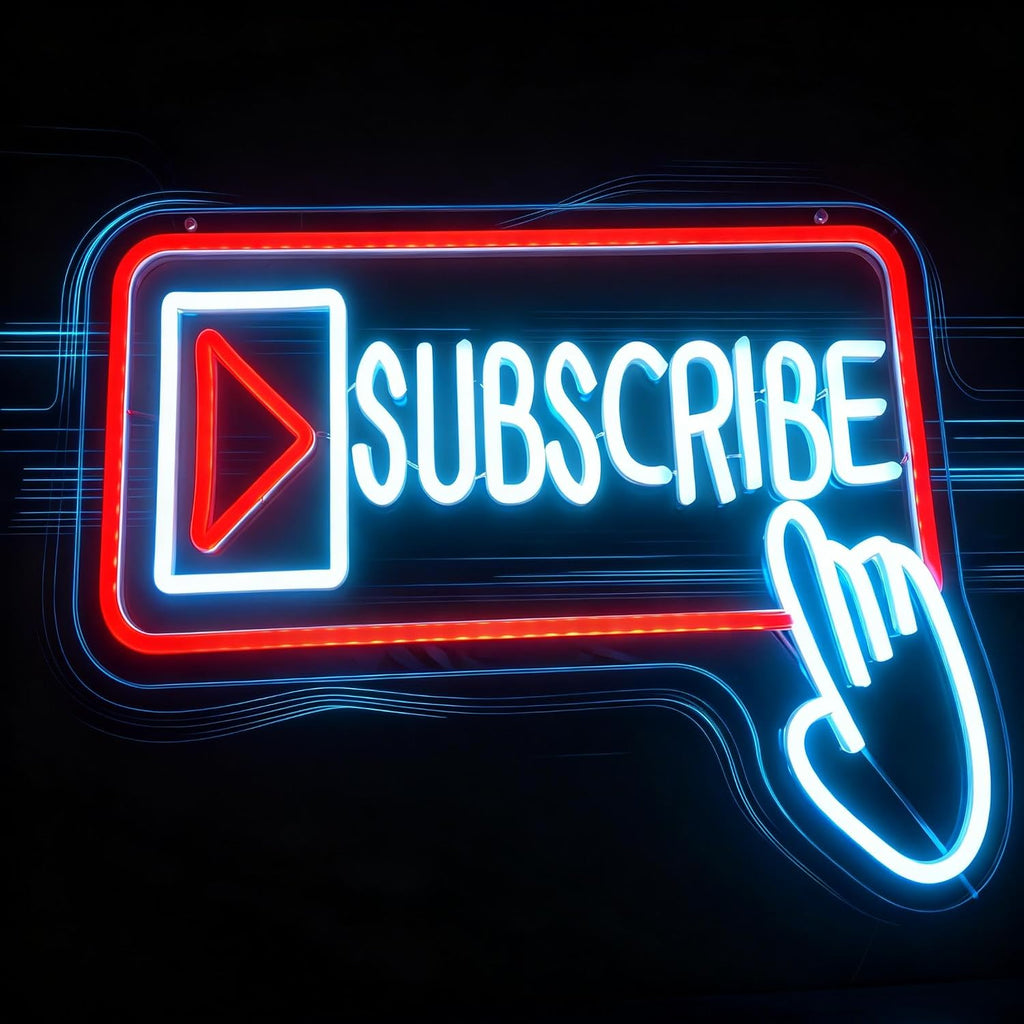 Subscribe Neon Sign, Stylish Play Button & Cursor Wall Light