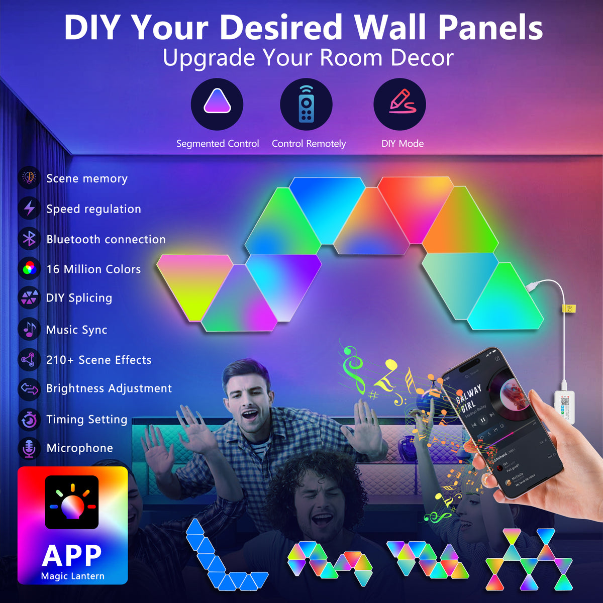 Triangular LED Lights, 10 RGB Wall Panels, Modular Intelligent Light Panel with APP, Remote and Music Synchronization, Honeycomb Light Wall in Game Room, Bedroom Decoration