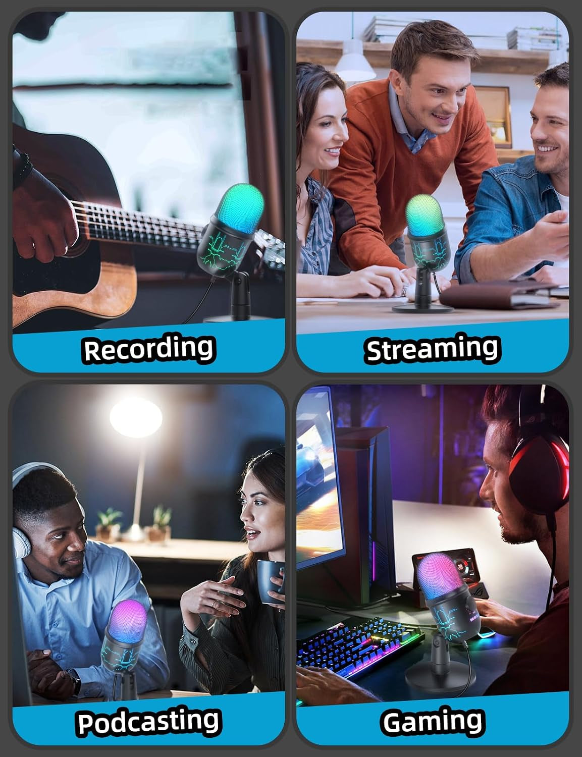 USB Gaming Microphone for PC with Noise Reduction, Mute, Gain, RGB