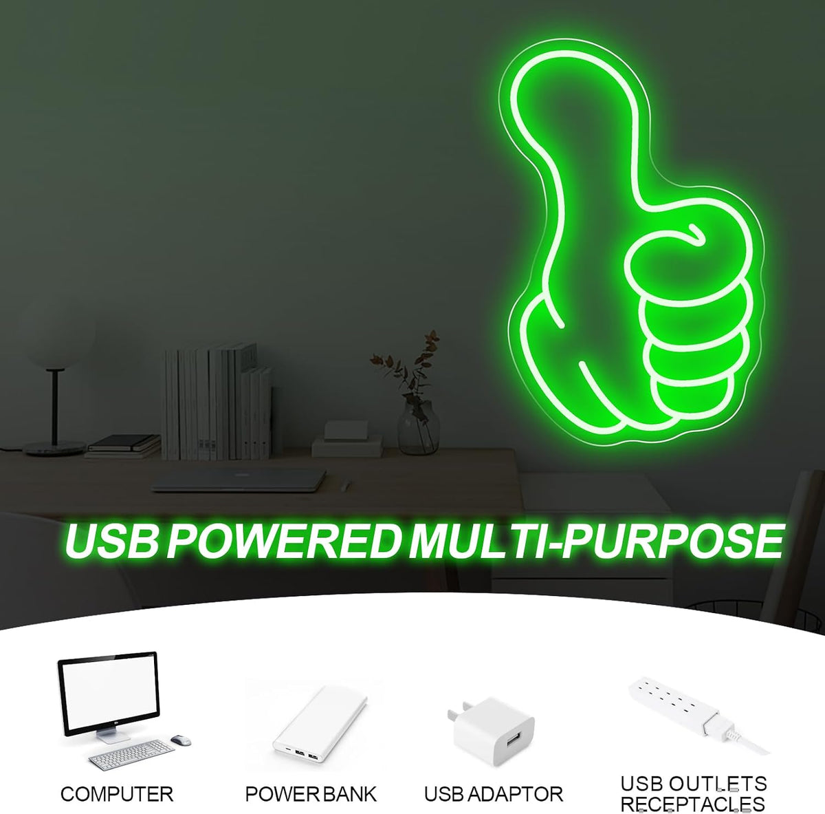 Thumbs up Neon Sign - Green Led Gestur Light for Game Room Man Cave