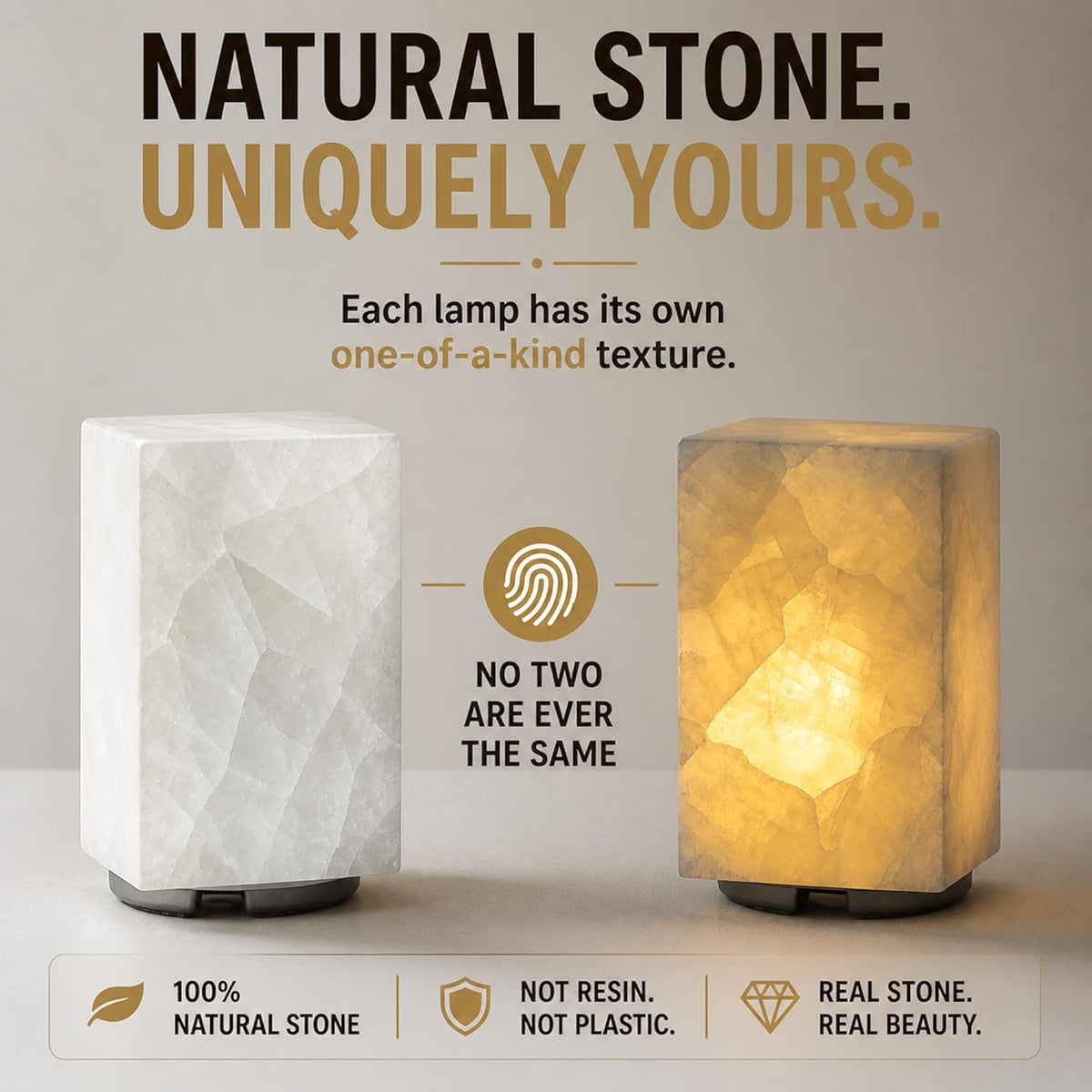 Natural Calcite Stone Table Lamp, Handcrafted Solid Stone Lamp with Unique Crystal Texture, Dimmable 3-Color LED, Modern Decorative Lamp for Bedroom Living Room-Cuboid White