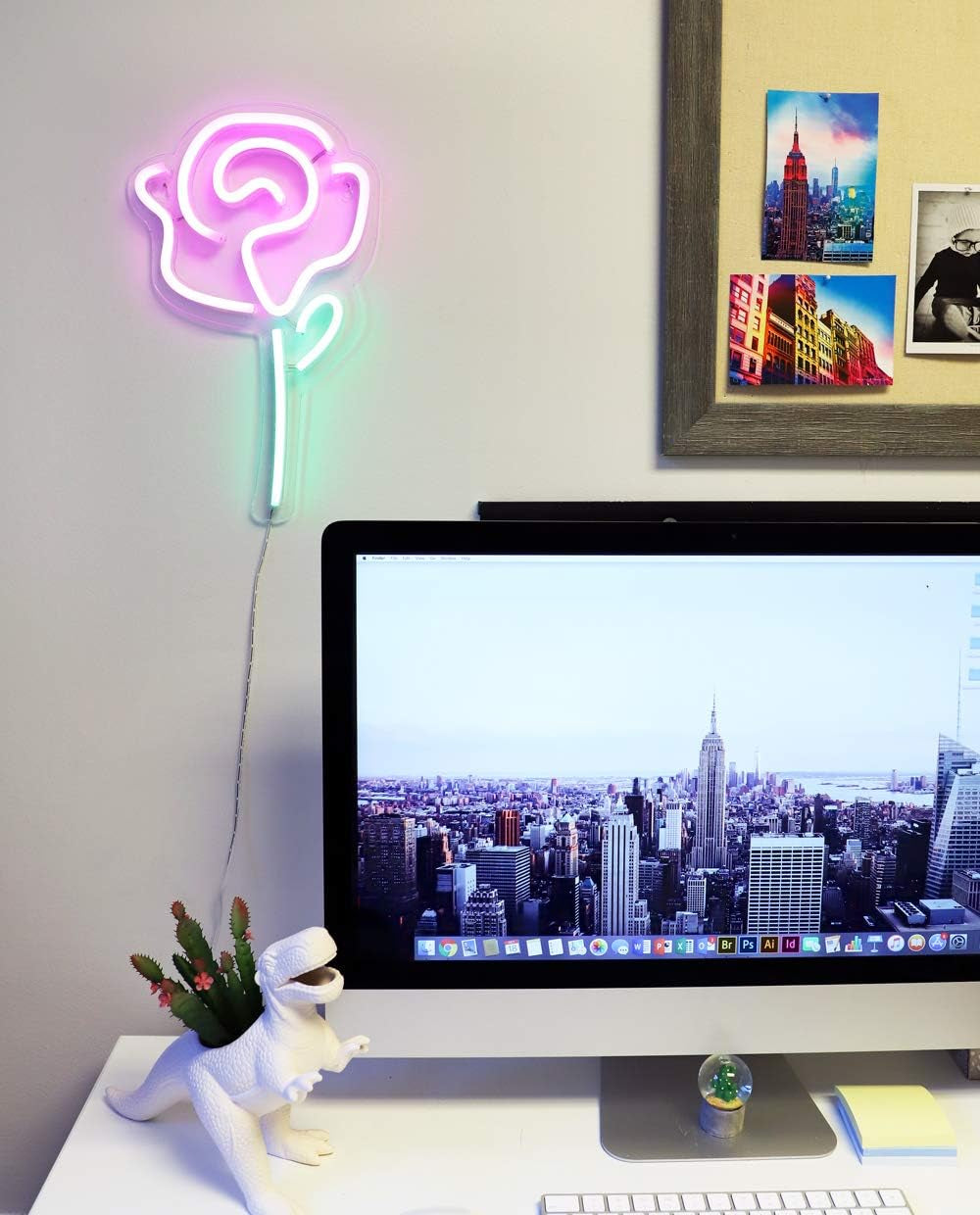15"X9" LED Neon Pink Rose Flower with Green Stem Wall Sign