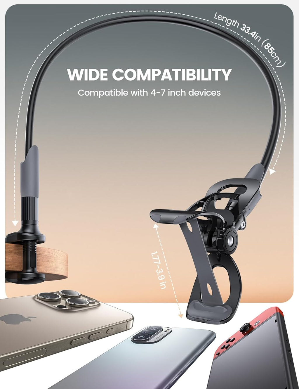 Gooseneck Bed Phone Holder 33.4" Full Adjustable Flexible Arm