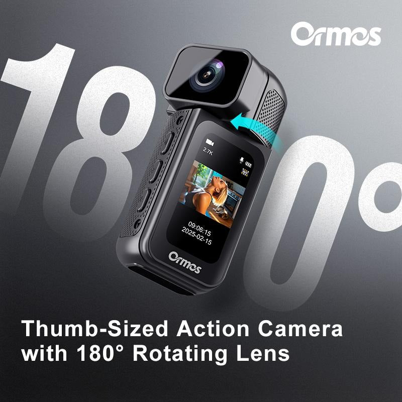 Ormos Mini Action Camera with 180 Degree Rotating Lens - 2.7K Ultra HD Thumb-Sized Camera, Magnetic Mount, Wifi APP Control, Portable Wearable Camera for Outdoor Sports & Daily Vlogging
