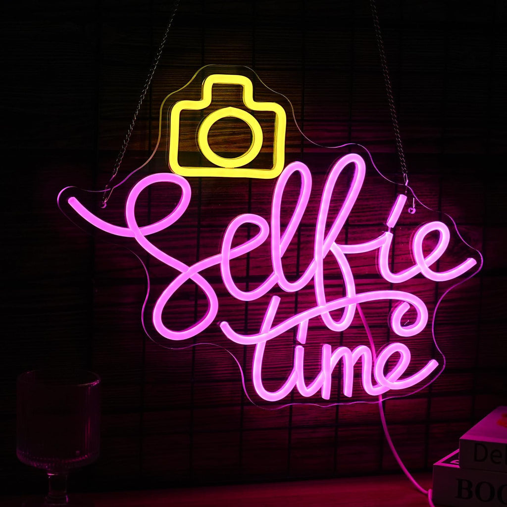 Selfie Time Neon Sign LED Yellow Camera Pink Neon Light for Wall Decor Dimmable USB Powered Light up Sign for Photographic Studio Bedroom Photography Lover Room Party Gifts (16.7 * 12.8In)