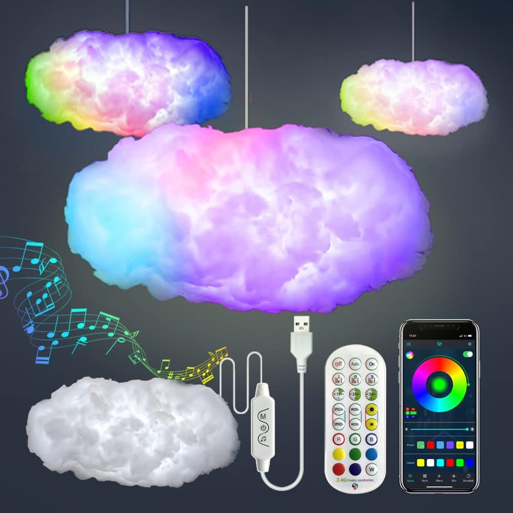 3D Big Cloud Lightning Light Kit Music Sync Warm White Multicolor Lightning Changing Strip Lights 360 Degree Wireless Remote APP NO DIY Coolest Decorations for Adults and Kids Indoor Home Bedroom