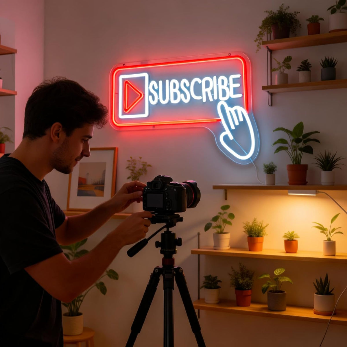 Subscribe Neon Sign, Stylish Play Button & Cursor Wall Light