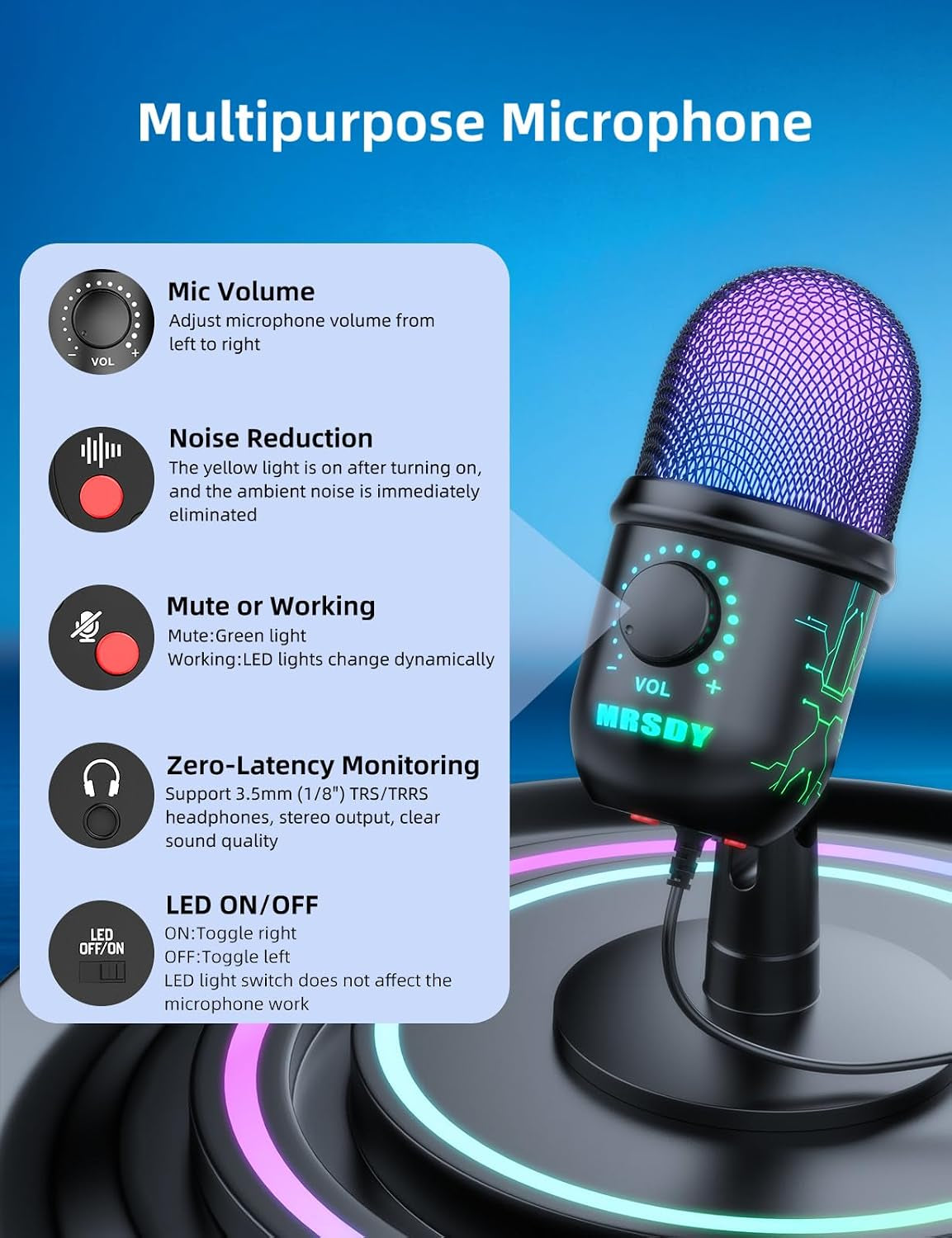 USB Gaming Microphone for PC with Noise Reduction, Mute, Gain, RGB