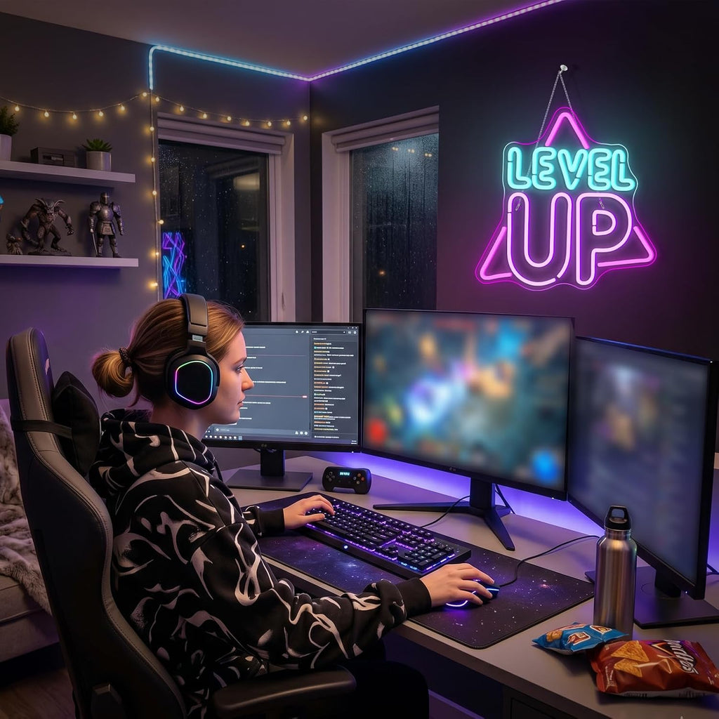 Level up Neon Sign Game Room Neon Light for Man Caves Gamers