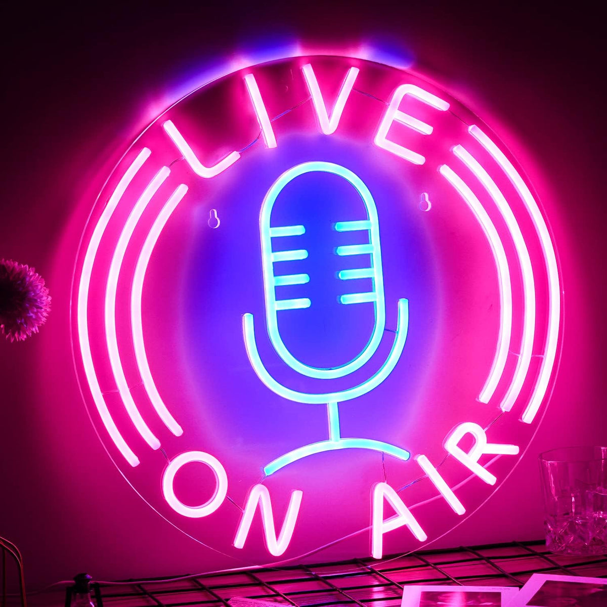 Live on Air Neon Sign Microphone Neon Light Signs for Wall Decor Live on Air Neon Lights Usb Powered 12.8’’X12.8’’ Led Sign for Radio Station Boys Girls Room Game Room Living Room Office Gift（Pink Blue）