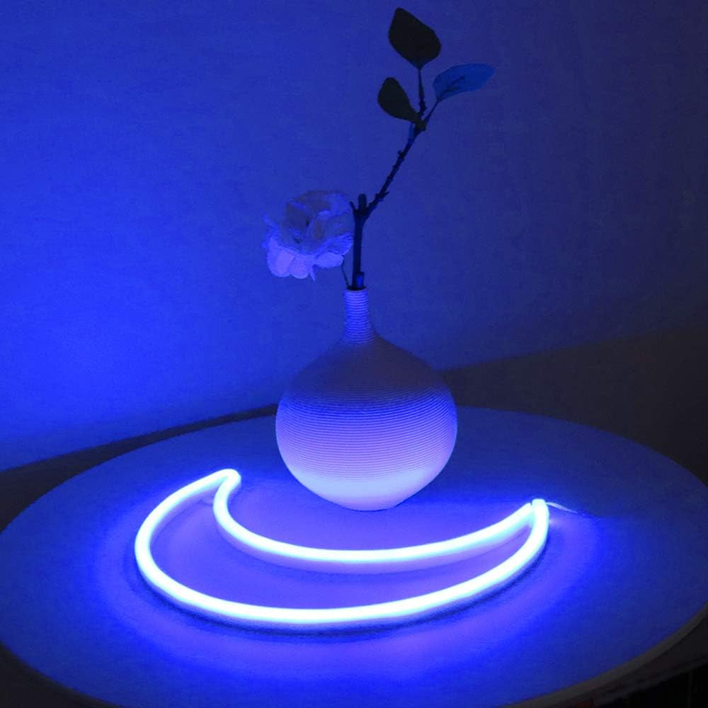 LED Blue Moon Neon Sign Light, Battery or USB Powered 5V Cute Room Decor