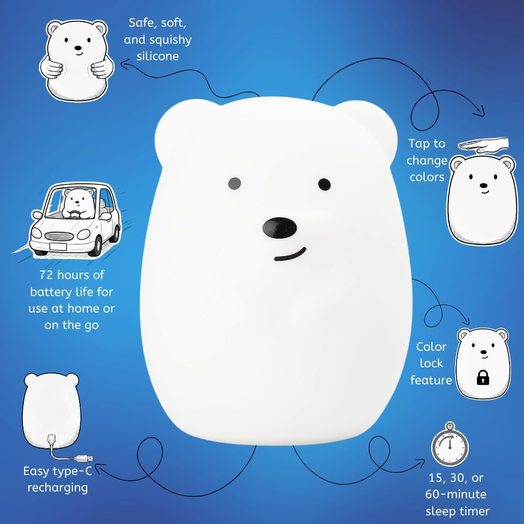 Bear Squishy Night Light for Kids, Silicone Lamp with Remote