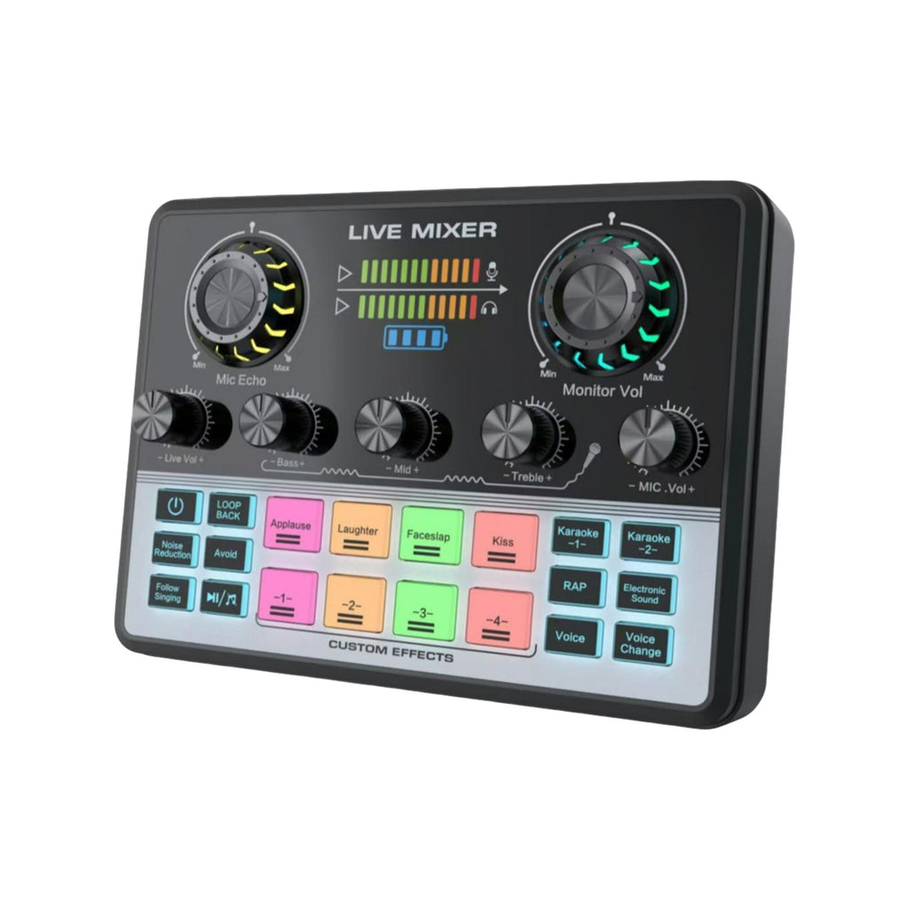 Live Streaming Sound Mixer Sound Card Rechargeable Plug and Play Adjustable Bass Treble Noise Reduction Colorful Indicator Light for Content Create Gaming
