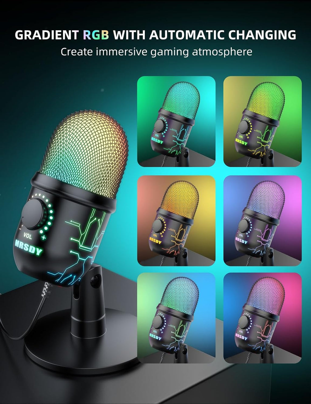 USB Gaming Microphone for PC with Noise Reduction, Mute, Gain, RGB